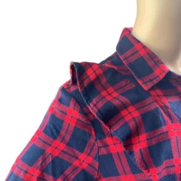 Banana Republic Red Navy Plaid Flannel Dillon Button Up Academia Ruffled Top Med - Picture 5 of 13